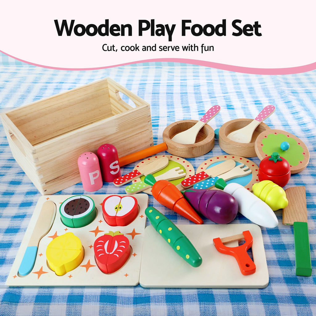 Keezi Wooden Kids Pretend Kitchen Playset with 29pc Food Set Pink White