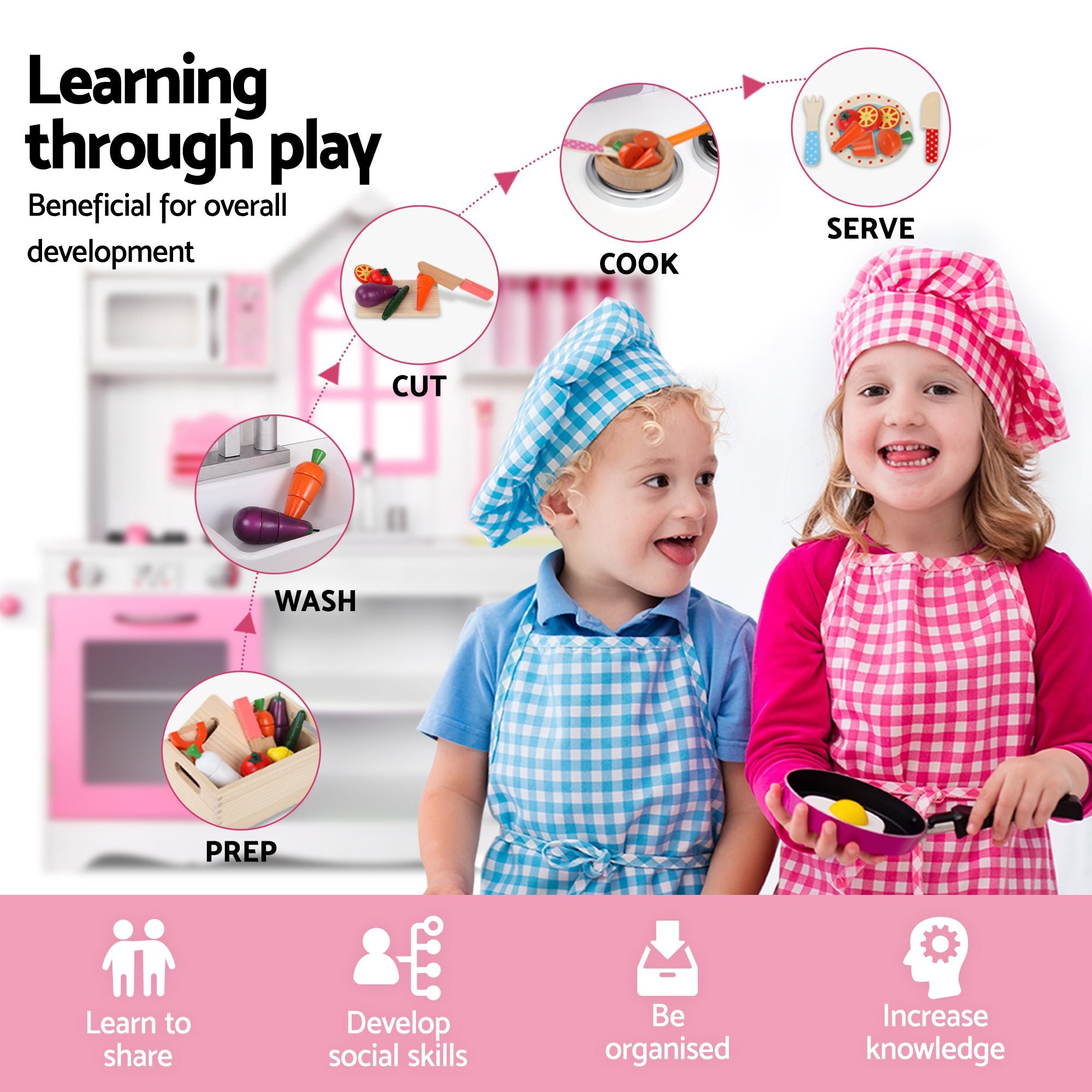 Keezi Wooden Kids Pretend Kitchen Playset with 29pc Food Set Pink White