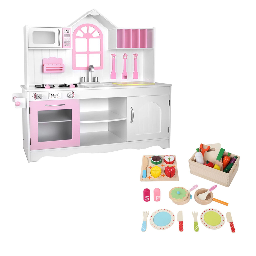 Keezi Wooden Kids Pretend Kitchen Playset with 29pc Food Set Pink White