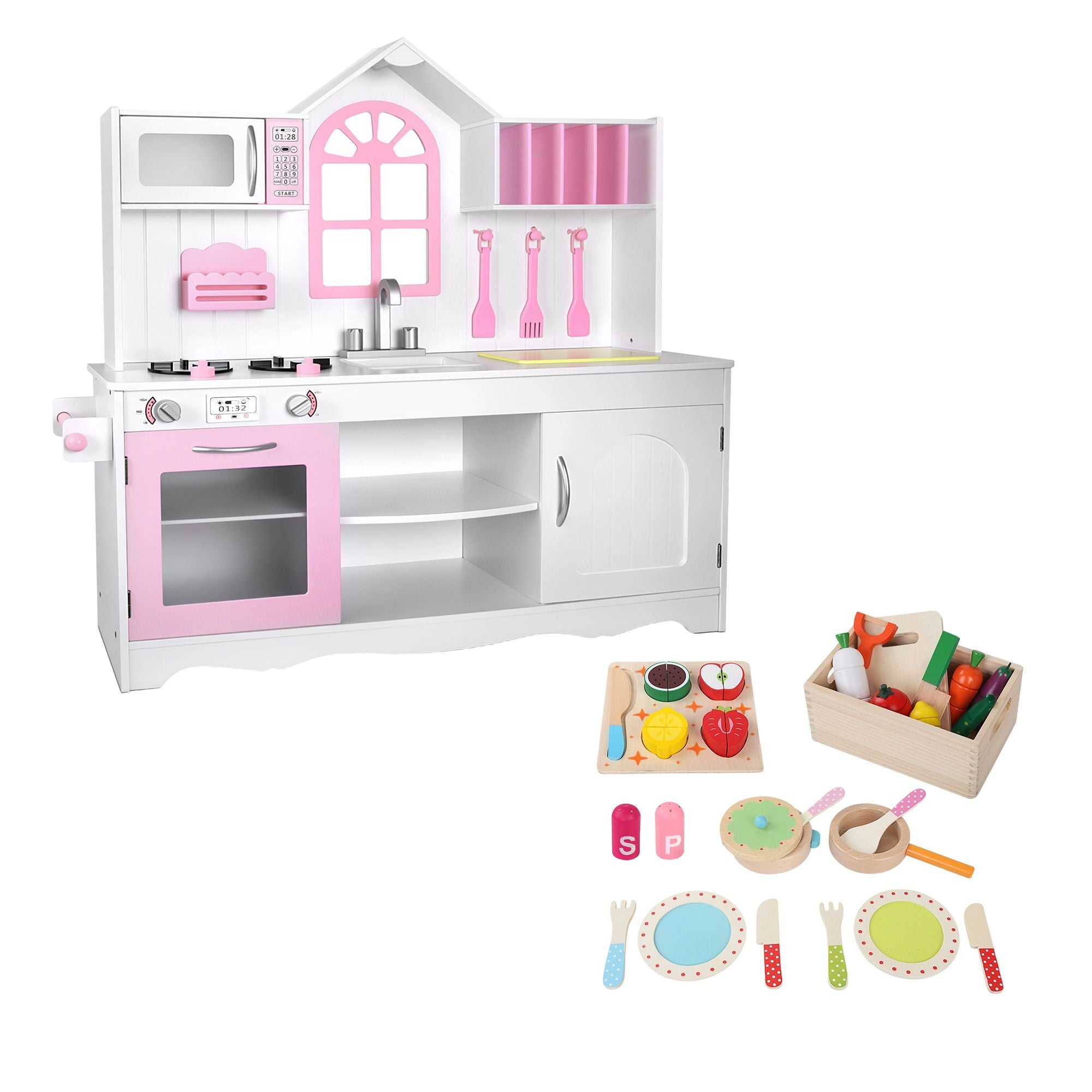 Keezi Wooden Kids Pretend Kitchen Playset with 29pc Food Set Pink White