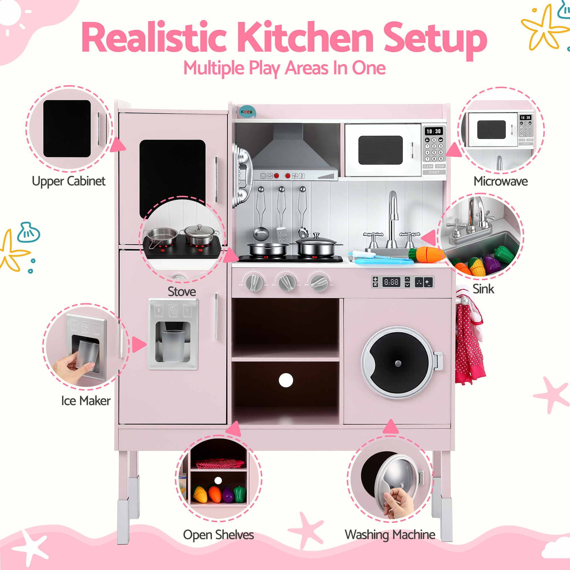 Keezi 102cm Wooden Pretend Kitchen Playset With Apron And Food Set1 Pink