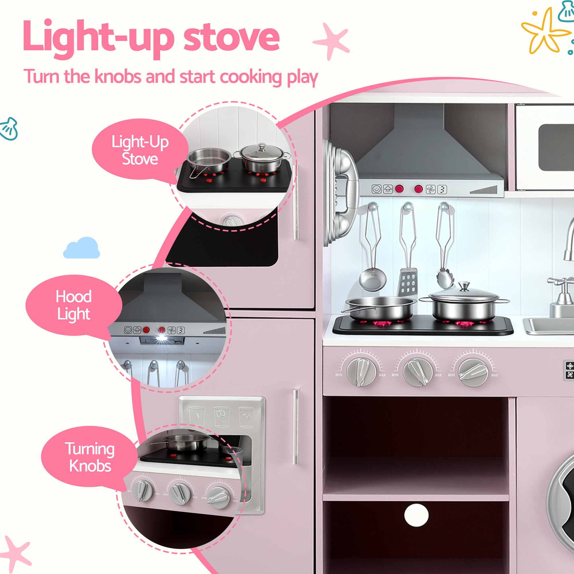 Keezi 102cm Wooden Pretend Kitchen Playset With Apron And Food Set1 Pink