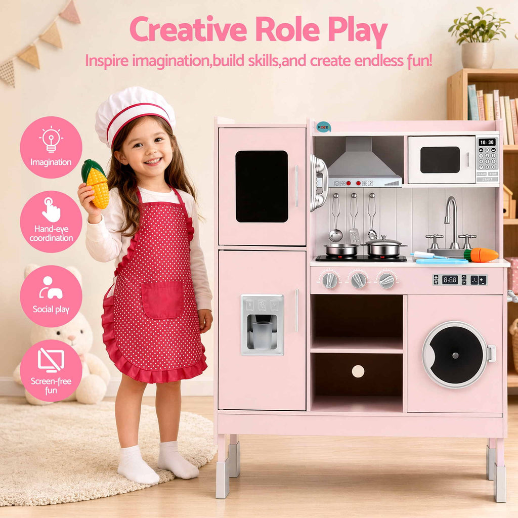 Keezi 102cm Wooden Pretend Kitchen Playset With Apron And Food Set1 Pink