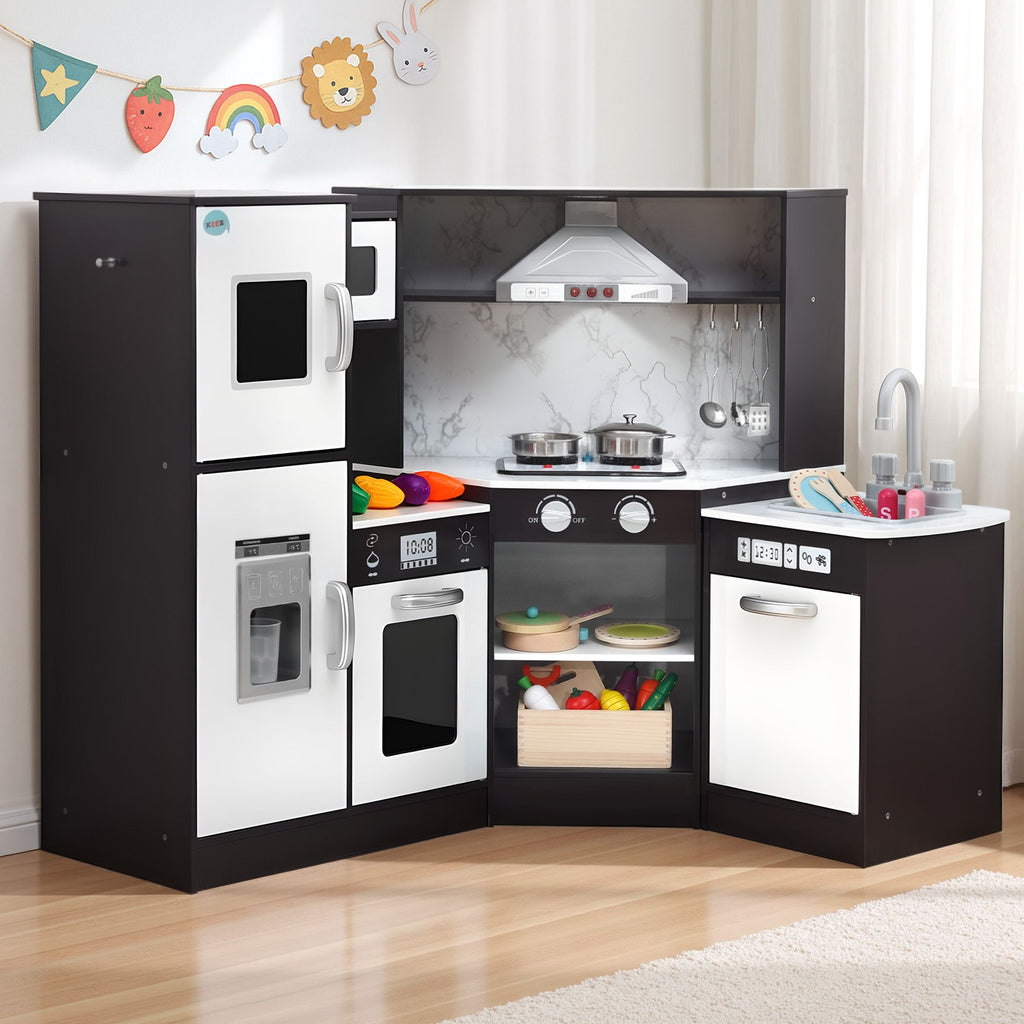 Keezi Kids Wooden Kitchen Playset 29pc Food Set Black White