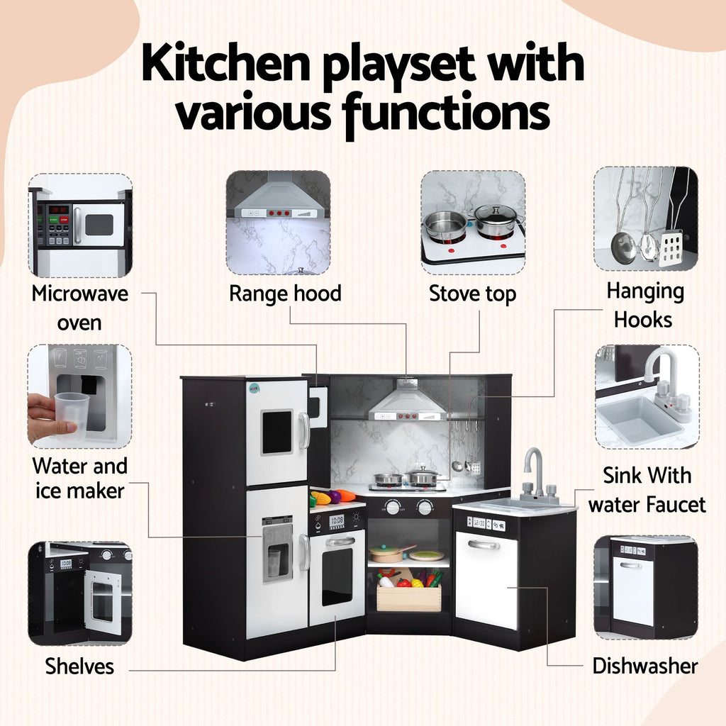 Keezi Kids Wooden Kitchen Playset 29pc Food Set Black White