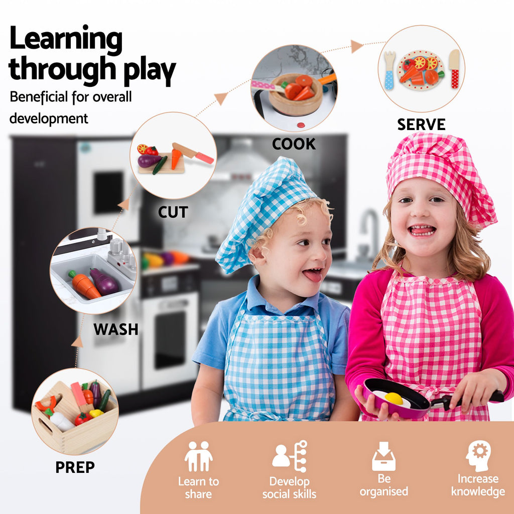 Keezi Kids Wooden Kitchen Playset 29pc Food Set Black White