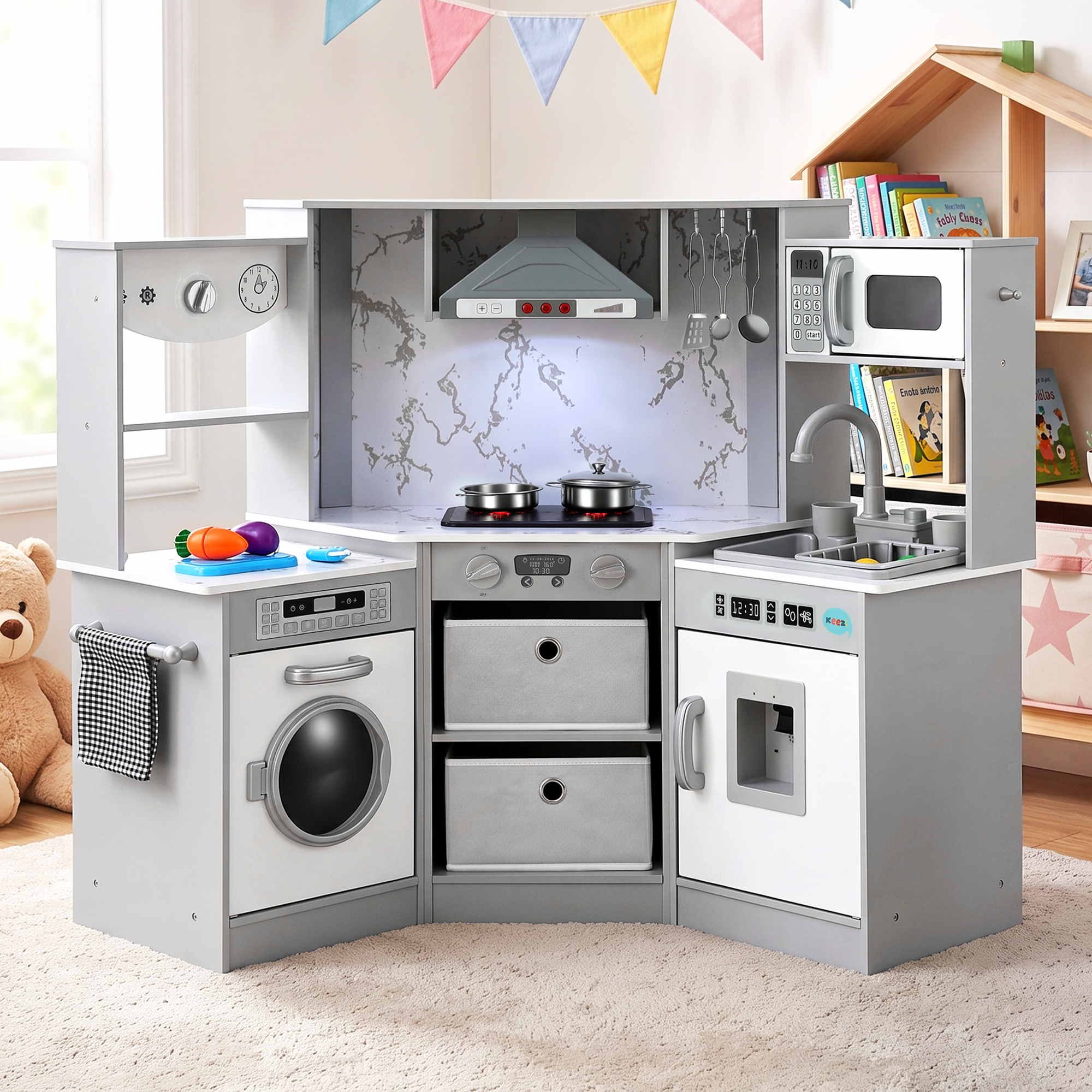 Keezi 112cm Wooden Pretend Kitchen Playset Kids Toy Sink Stove Grey
