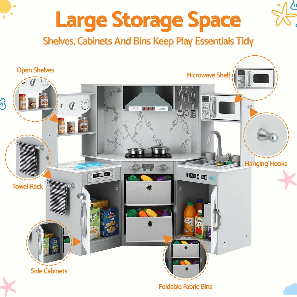 Keezi 112cm Wooden Pretend Kitchen Playset Kids Toy Sink Stove Grey
