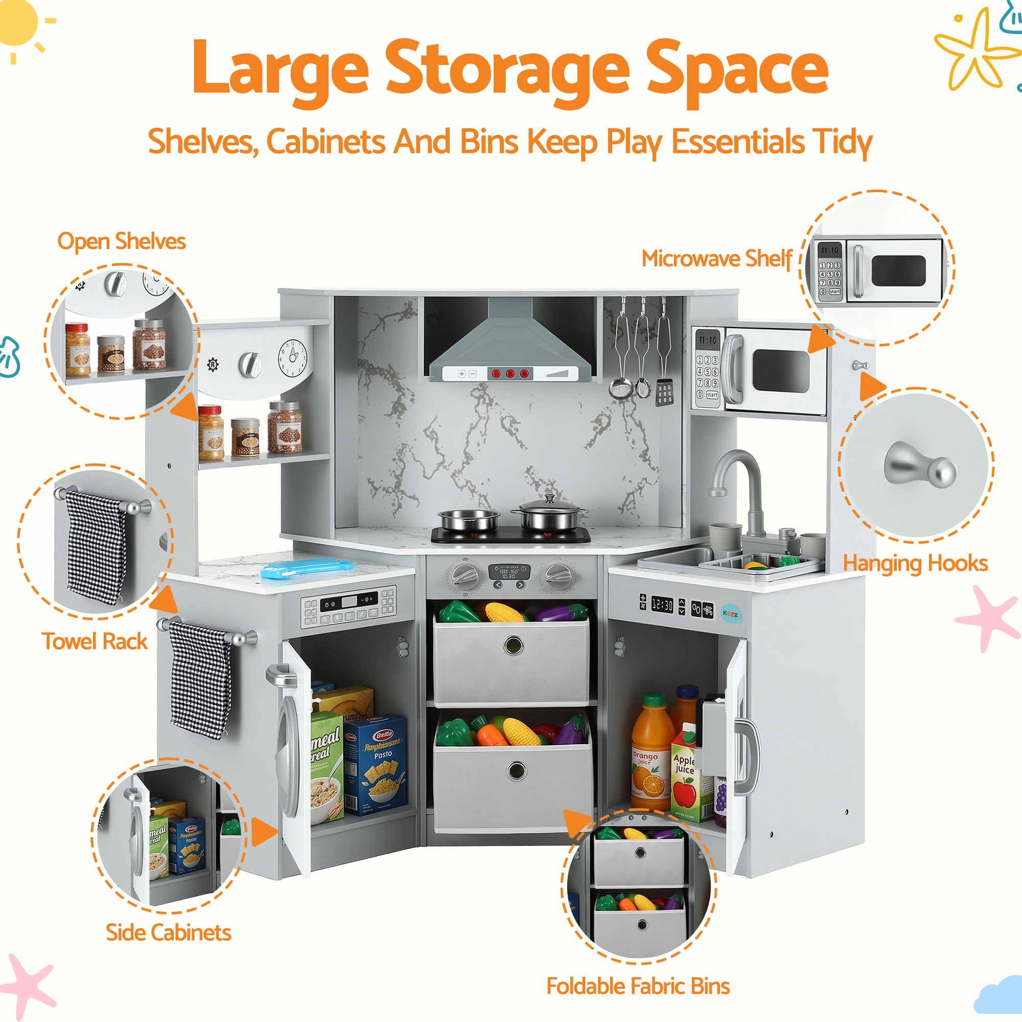 Keezi 112cm Wooden Pretend Kitchen Playset Kids Toy Sink Stove Grey