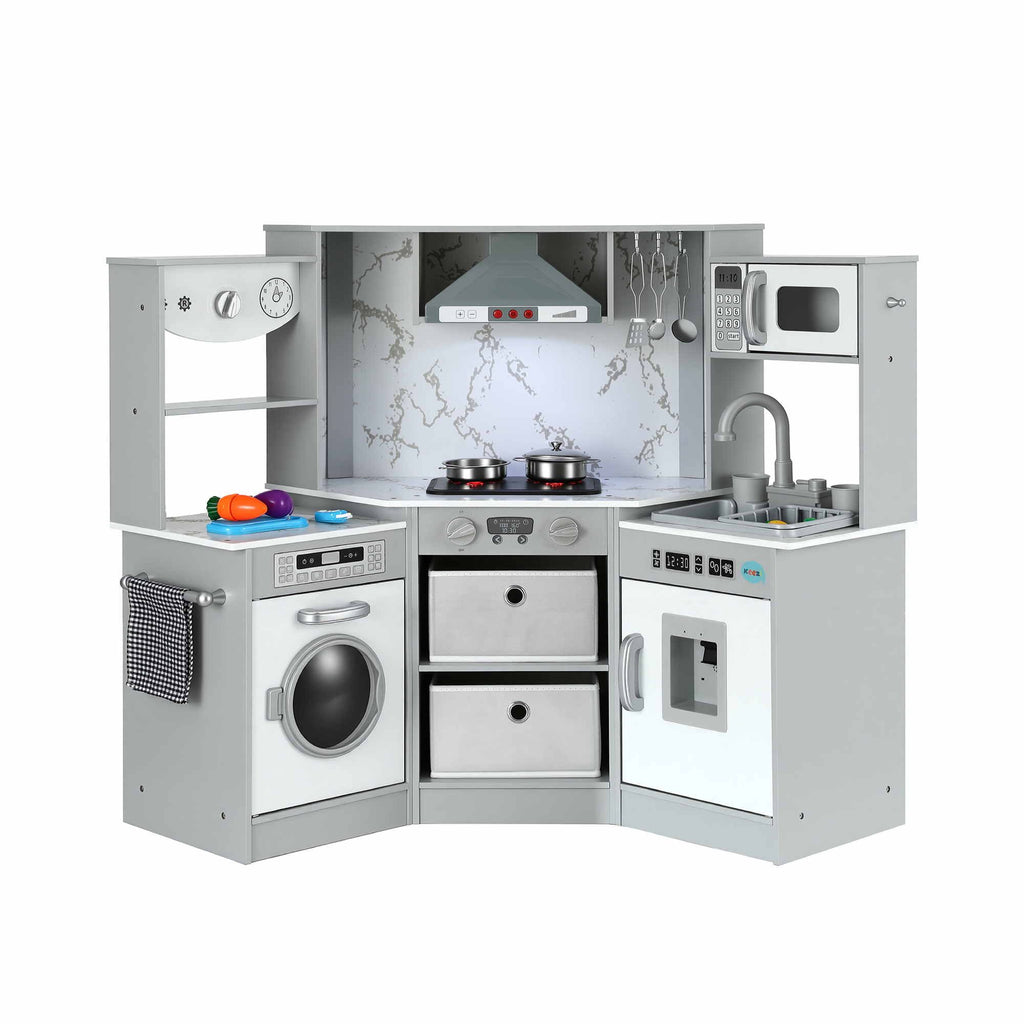 Keezi 112cm Wooden Pretend Kitchen Playset Kids Toy Sink Stove Grey