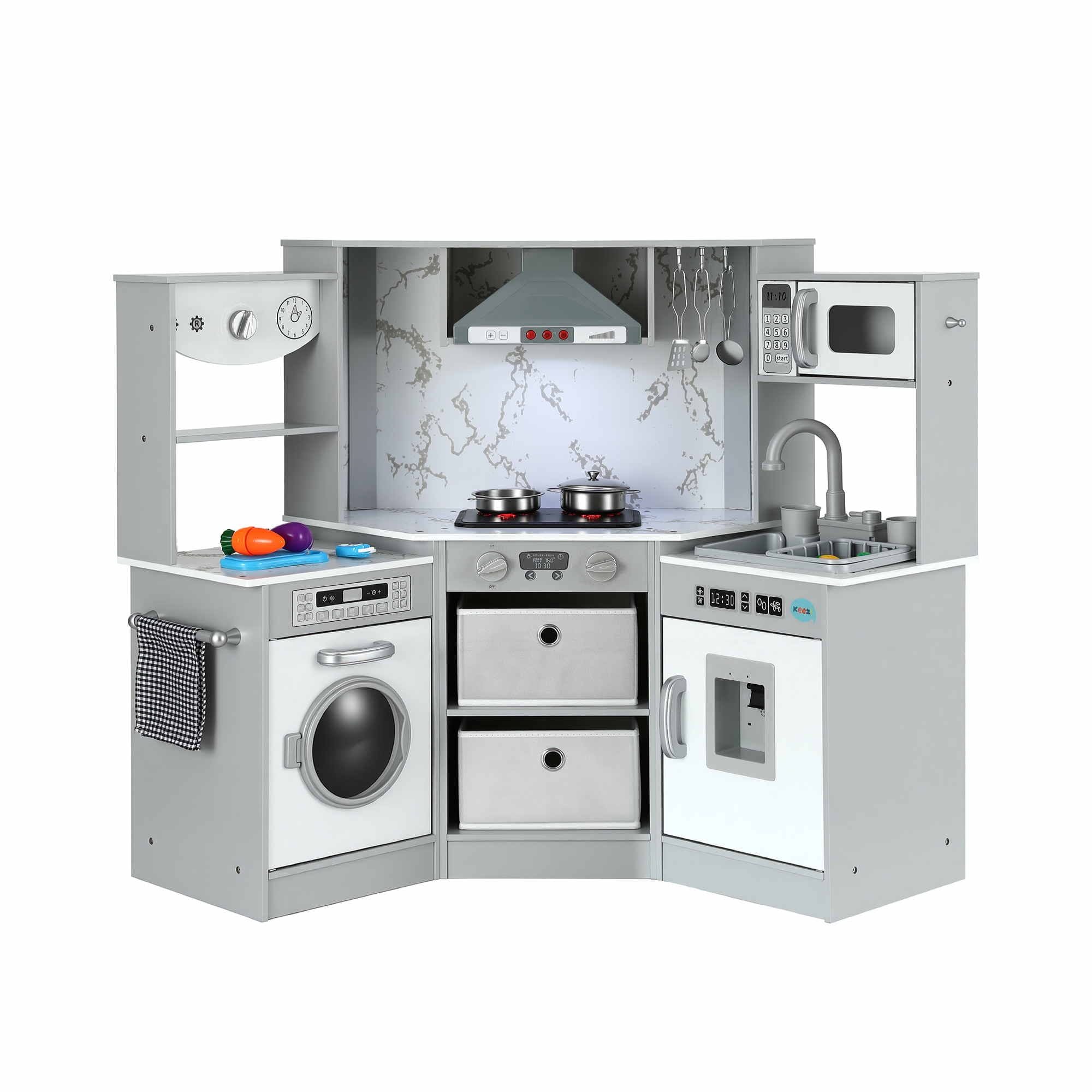 Keezi 112cm Wooden Pretend Kitchen Playset Kids Toy Sink Stove Grey