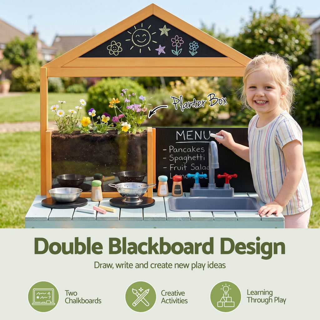 Keezi Kids Mud Kitchen Play Kitchen Toy Kitchen Set with Blackboard 110cm