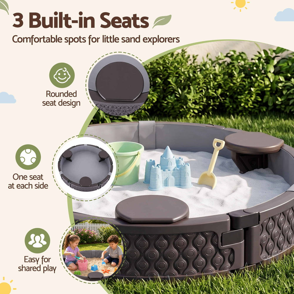 Kids Outdoor Sandpit Toys Sandbox 121cm Round Brown 3 Seats Cover Liner