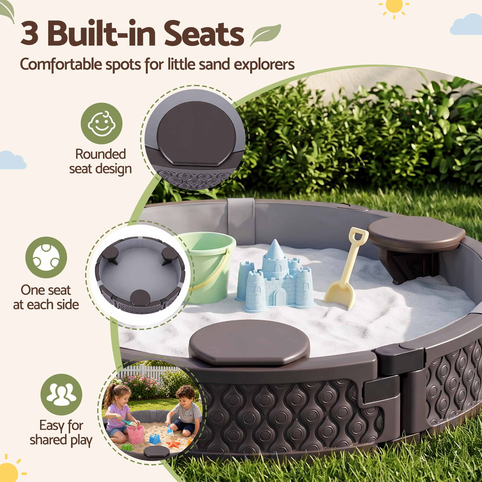 Kids Outdoor Sandpit Toys Sandbox 121cm Round Brown 3 Seats Cover Liner