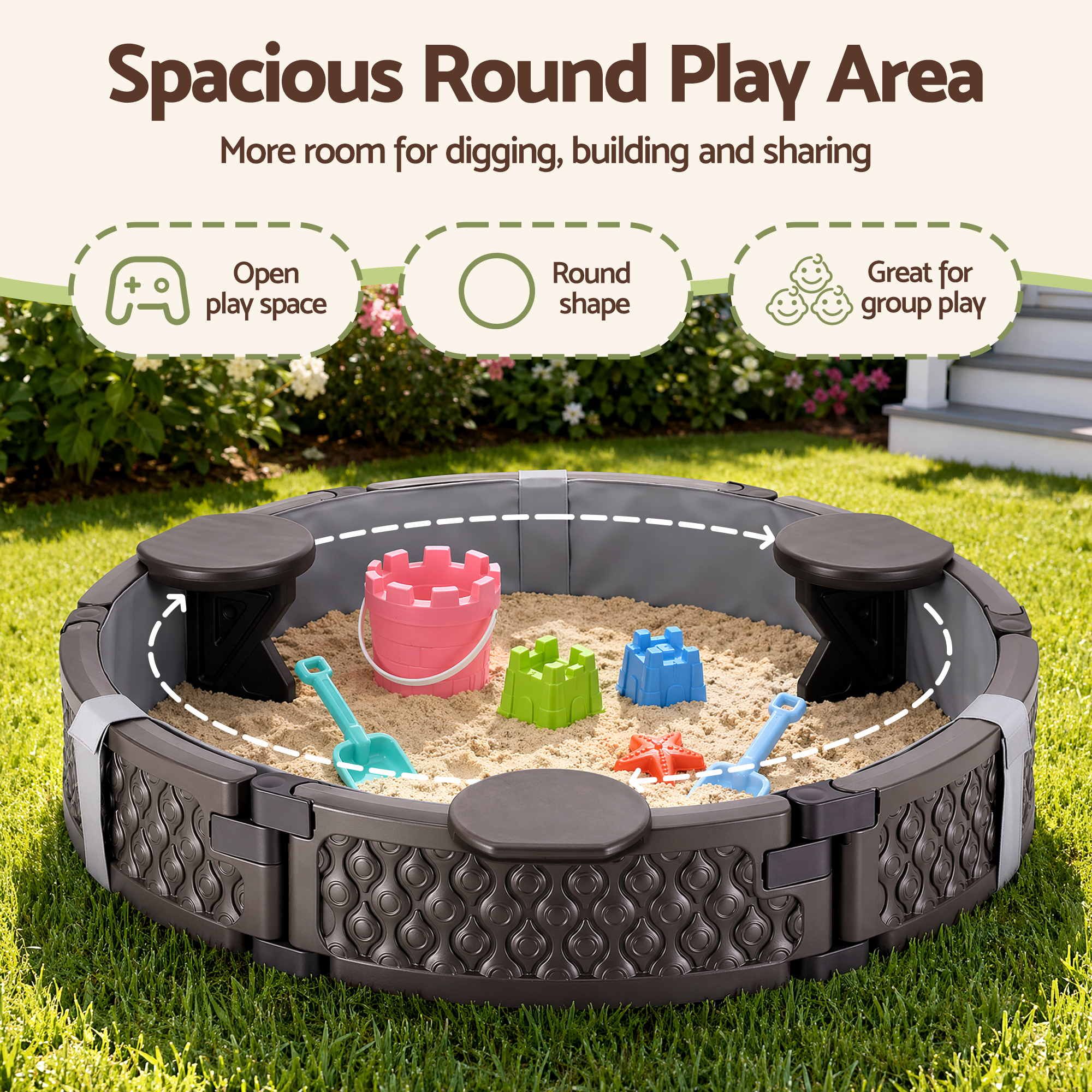 Kids Outdoor Sandpit Toys Sandbox 121cm Round Brown 3 Seats Cover Liner