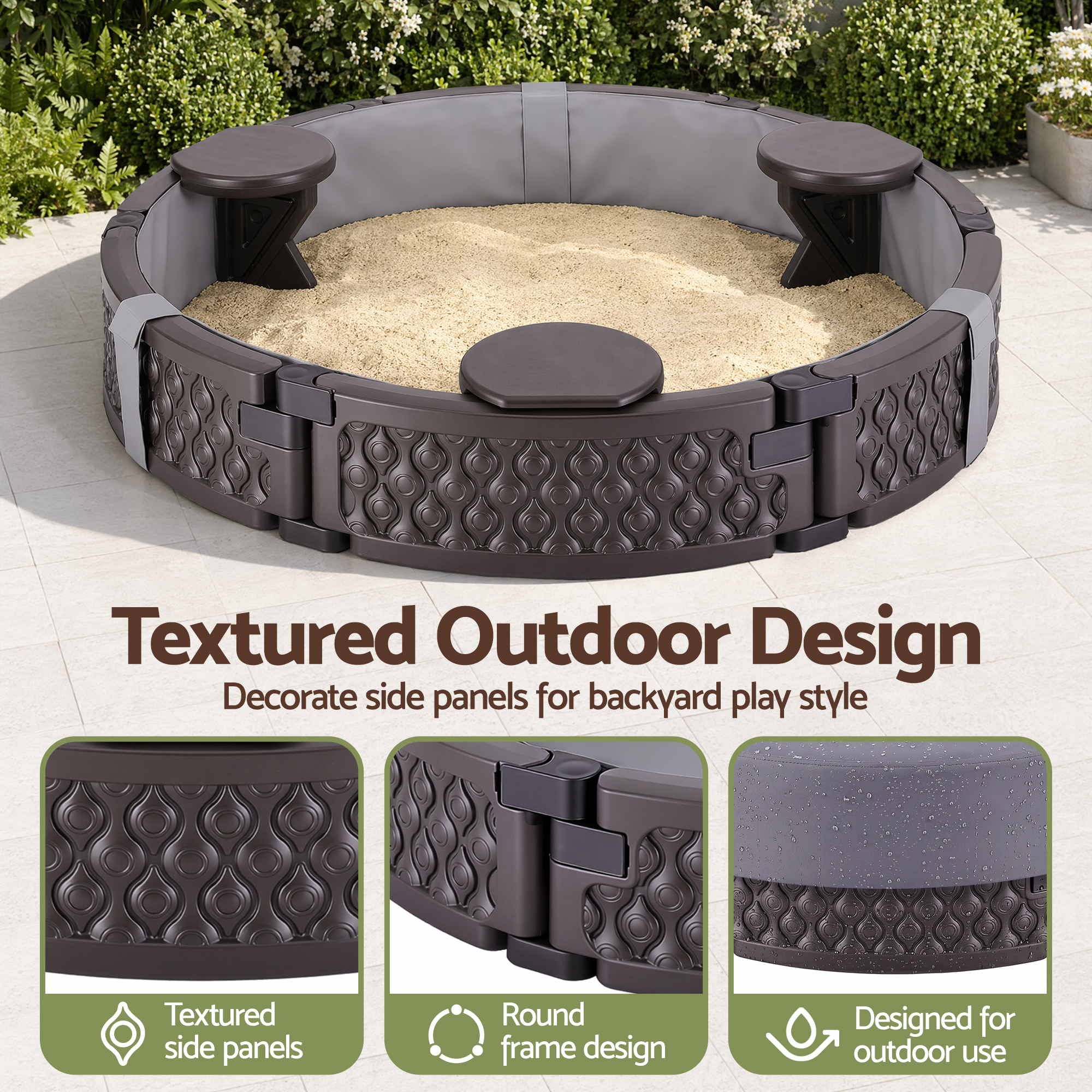 Kids Outdoor Sandpit Toys Sandbox 121cm Round Brown 3 Seats Cover Liner