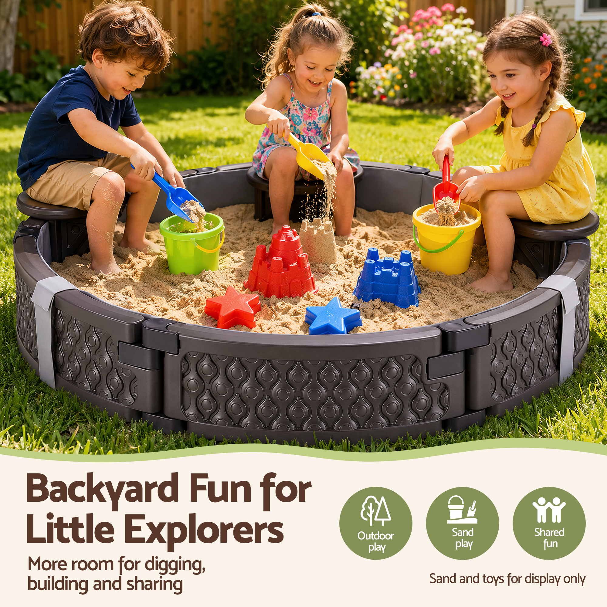 Kids Outdoor Sandpit Toys Sandbox 121cm Round Brown 3 Seats Cover Liner
