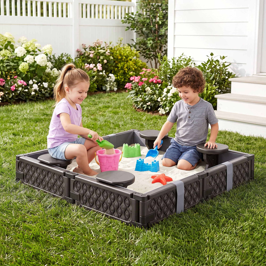 Keezi Kids Sandpit Sandbox With Cover 4 Seats Outdoor Sand Box Brown