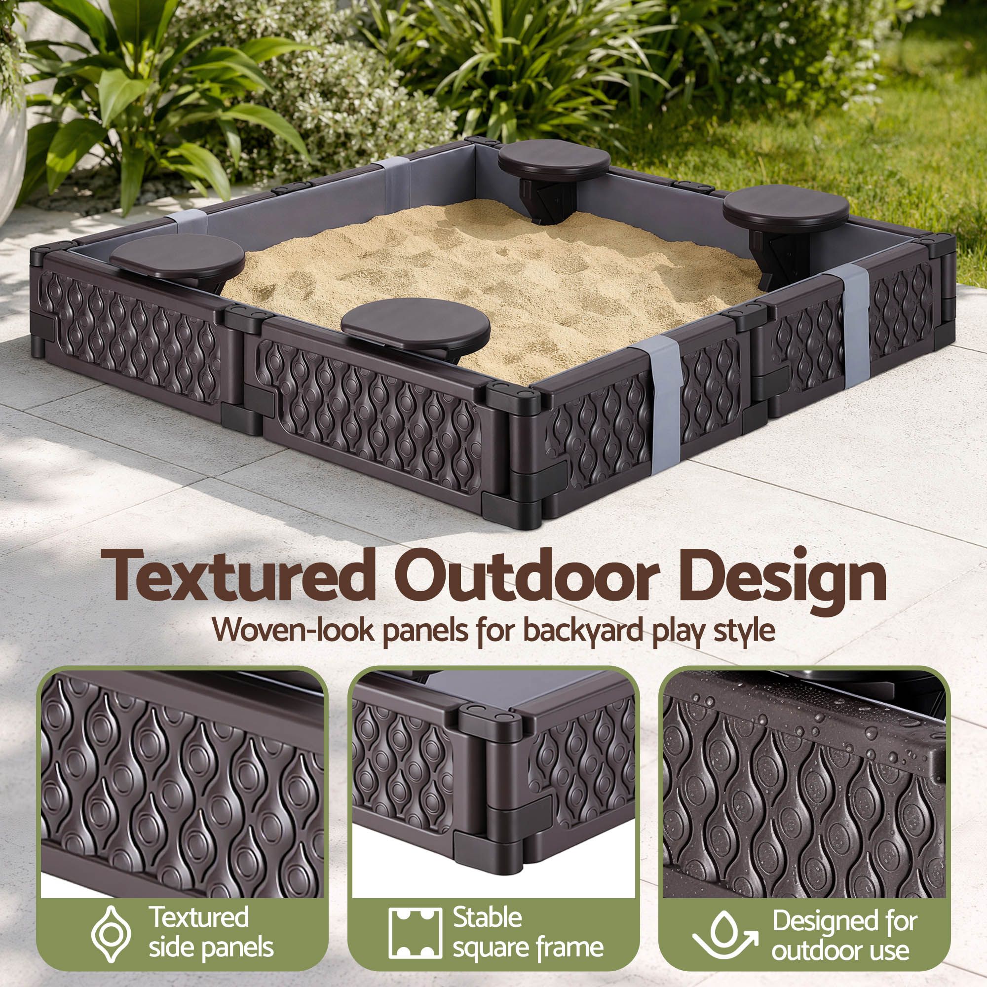 Keezi Kids Sandpit Sandbox With Cover 4 Seats Outdoor Sand Box Brown