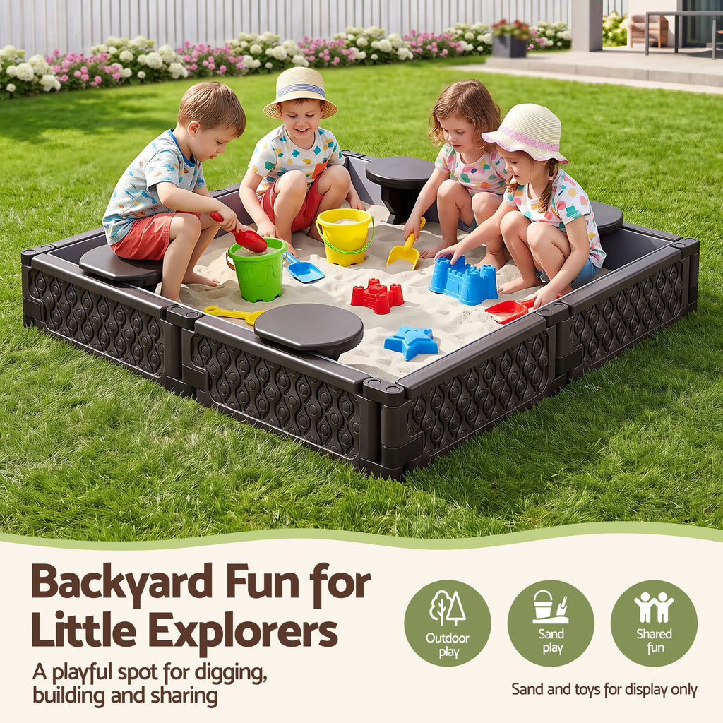 Keezi Kids Sandpit Sandbox With Cover 4 Seats Outdoor Sand Box Brown