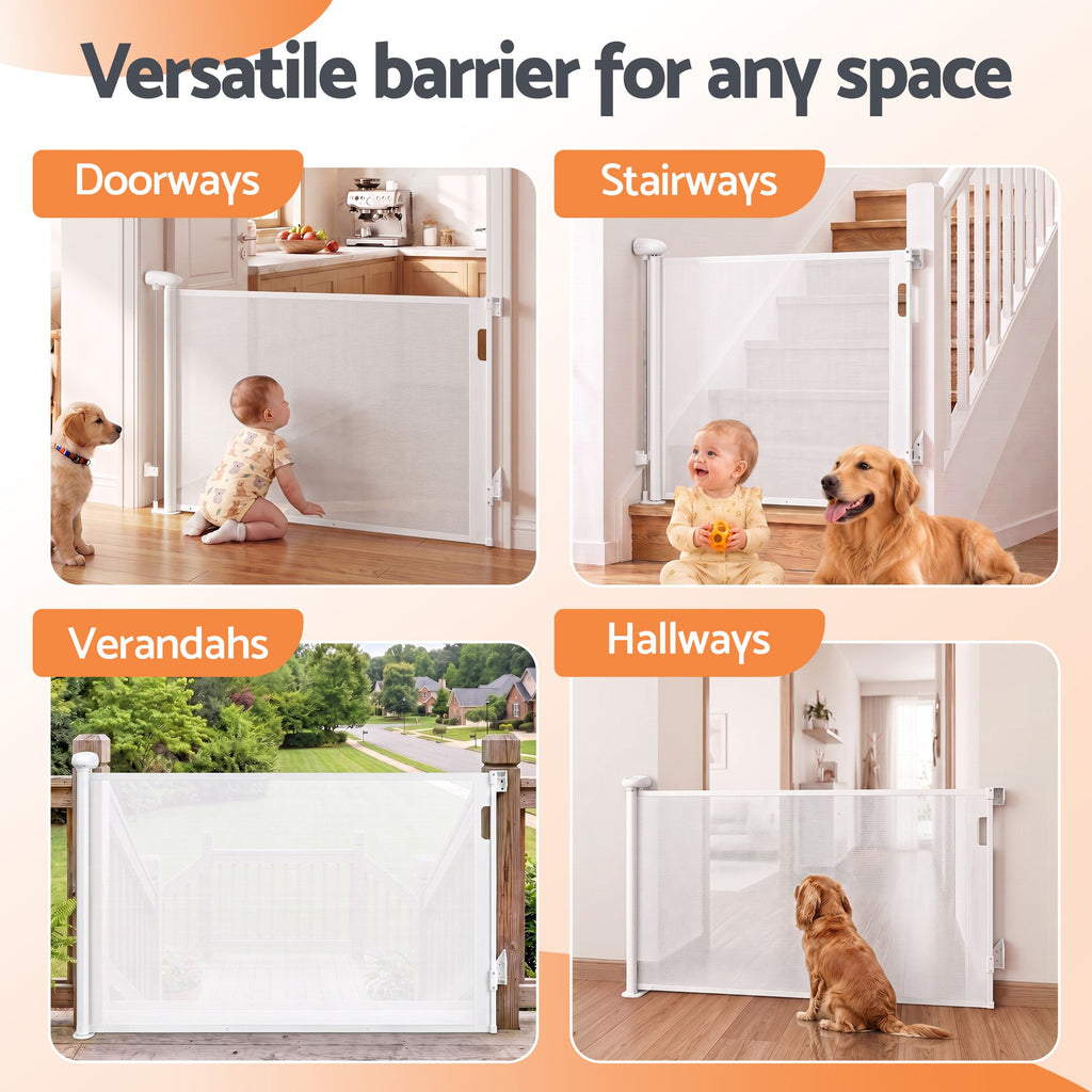 Keezi Retractable Gate Baby Gate Pet Safety Fence Extends up to 140cm White