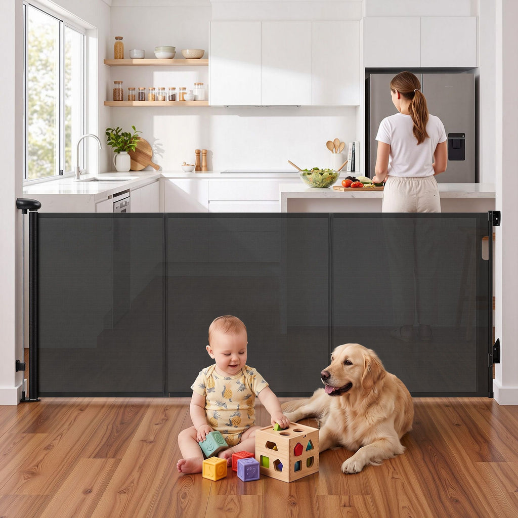 Keezi Retractable Gate Baby Gate Pet Safety Fence Extends up to 400cm Black