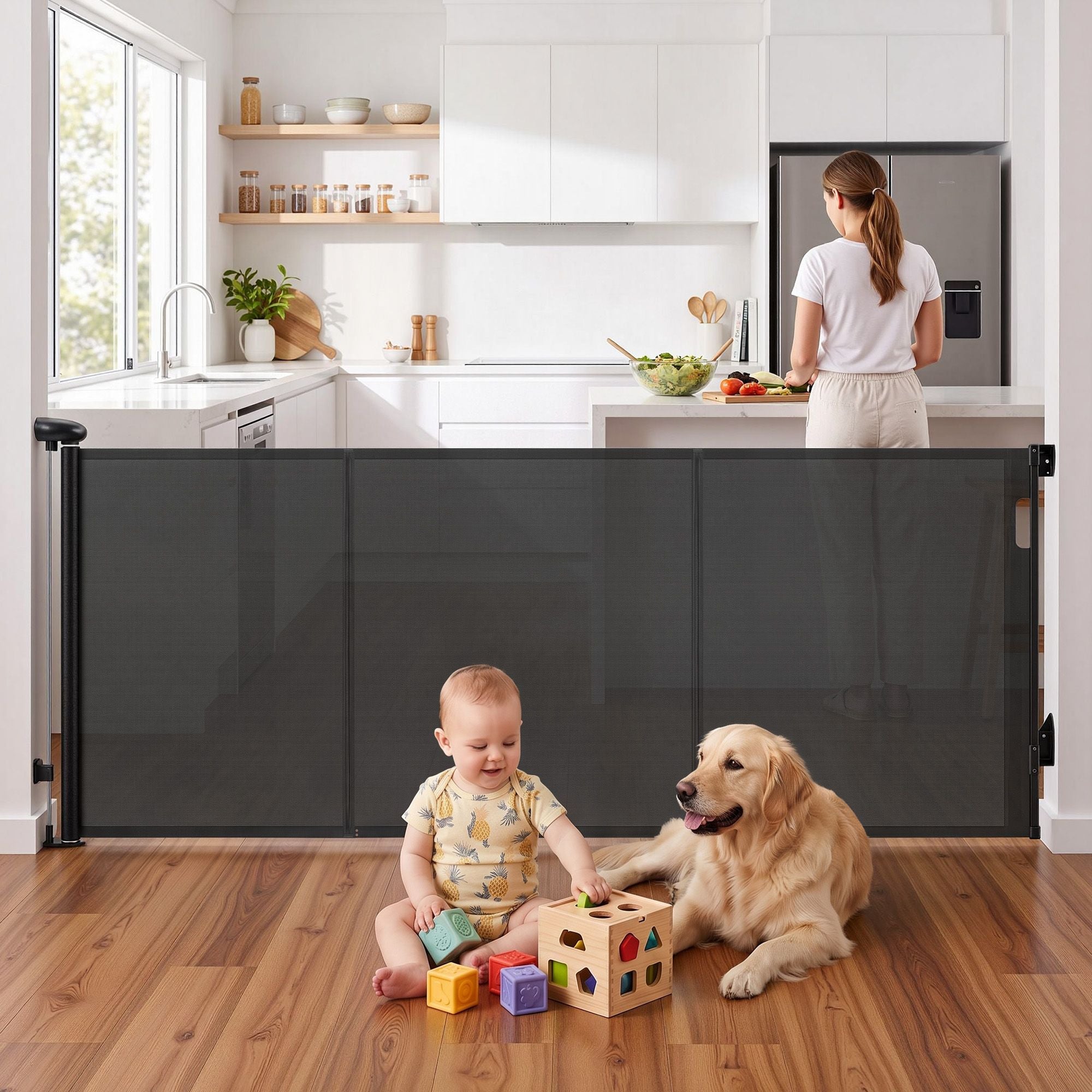 Keezi Retractable Gate Baby Gate Pet Safety Fence Extends up to 400cm Black