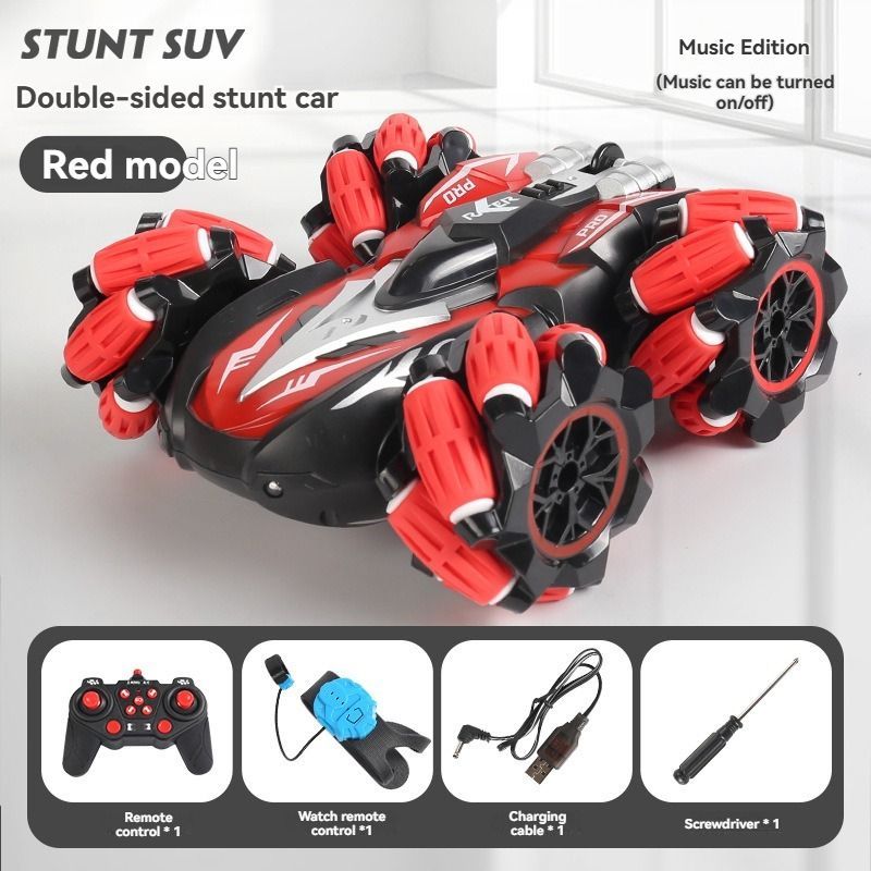 2.4G remote control car, electric stunt car, drifting car, spray function, kids toy car, double-sided stunt car, watch remote control, outdoor RC toy, rechargeable toy car - Black and orange - Size Dual-control