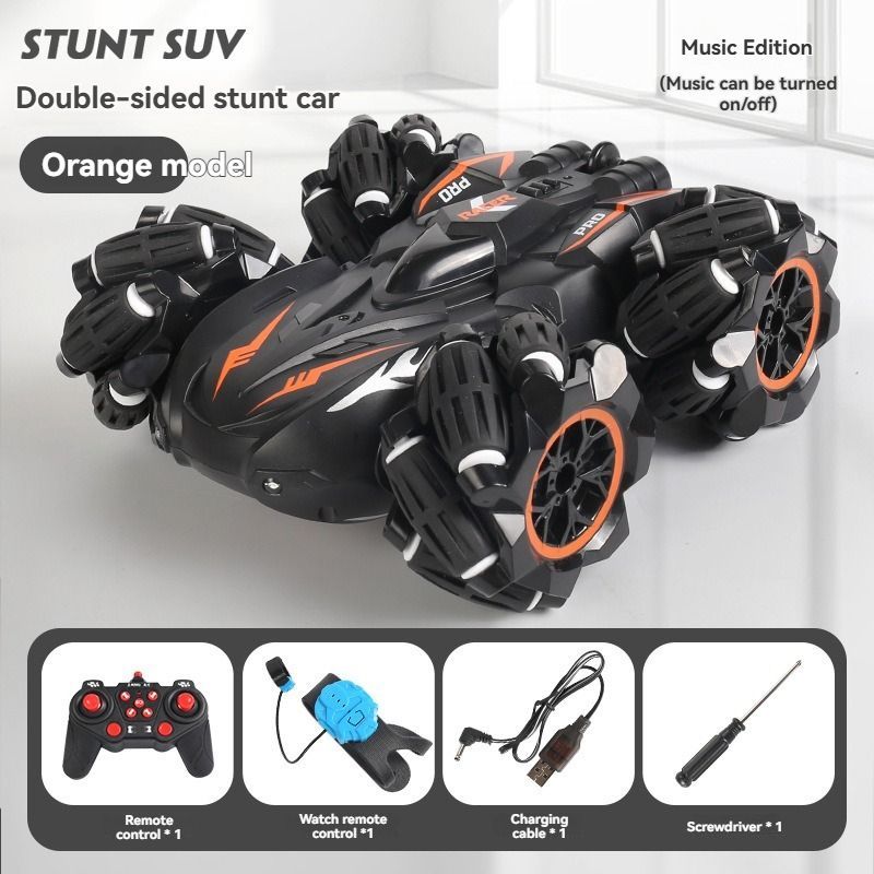 2.4G remote control car, electric stunt car, drifting car, spray function, kids toy car, double-sided stunt car, watch remote control, outdoor RC toy, rechargeable toy car - Red - Size Dual-control