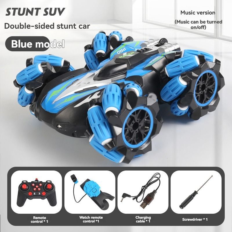 2.4G remote control car, electric stunt car, drifting car, spray function, kids toy car, double-sided stunt car, watch remote control, outdoor RC toy, rechargeable toy car - black and blue - Size Dual-control