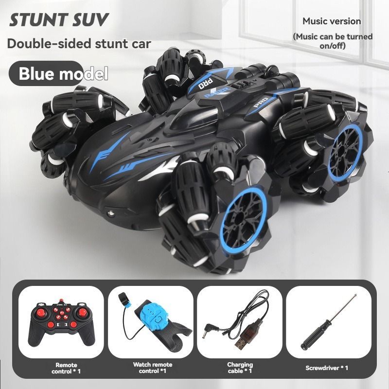 2.4G remote control car, electric stunt car, drifting car, spray function, kids toy car, double-sided stunt car, watch remote control, outdoor RC toy, rechargeable toy car - black and blue - Size Dual-control