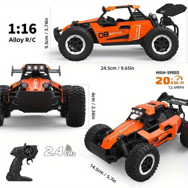 All terrain electric toy car, 1:16 scale model car, 2.4GHz R / C off-road car, top speed of 20 km / h, with headlights and shock absorbers, suitable for birthday gifts for boys over 3 years old