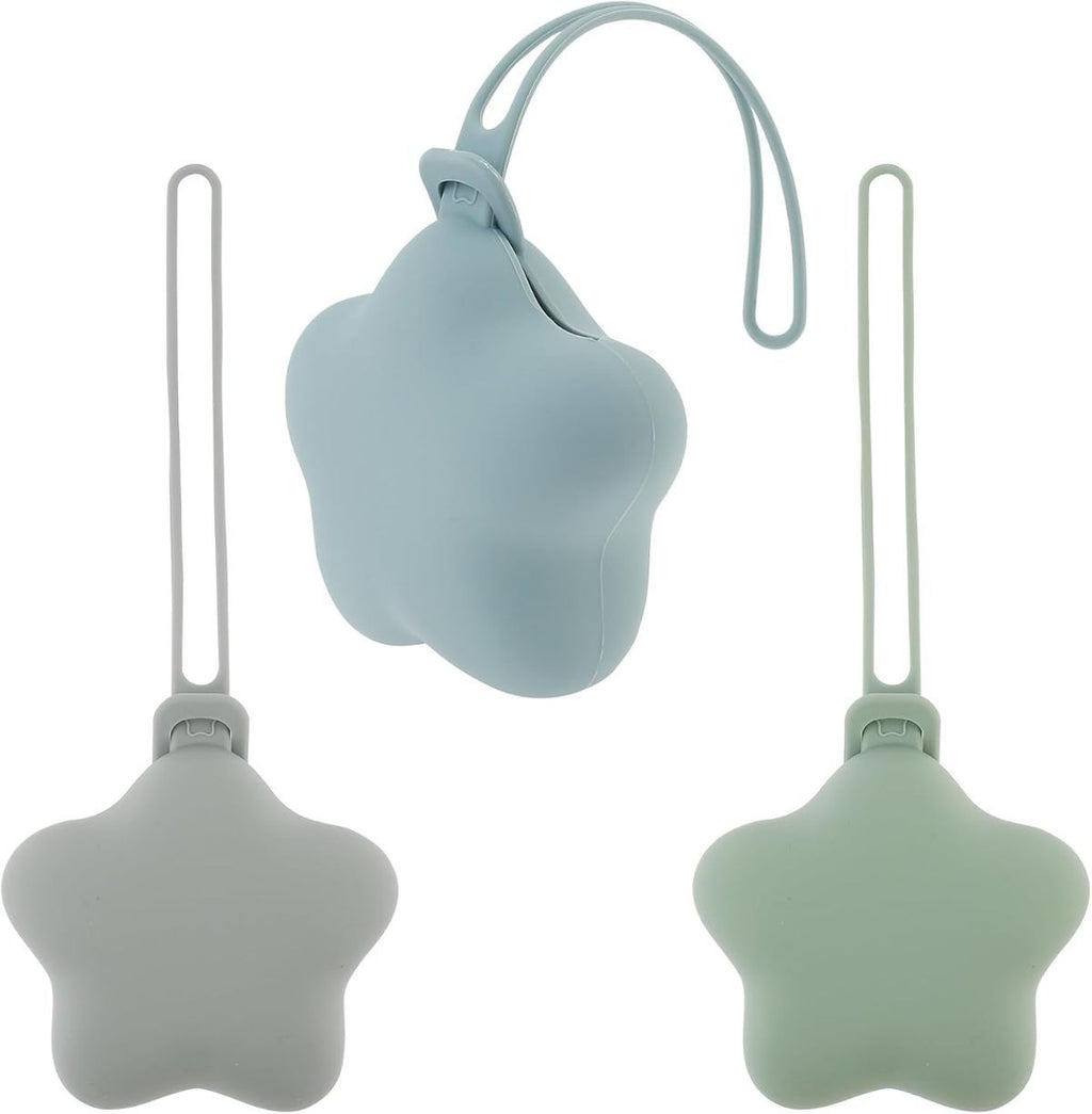 3Pcs Pacifier Holder Case, Safe and Soft Material Pacifier Pouch, Food Grade Silicone Pacifier Case, Star Shape, Protective Pacifier Storage Case for Diaper Bag Stroller - Blue-Grey-Green - Size 95mm