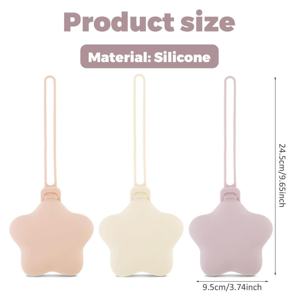 3Pcs Pacifier Holder Case, Safe and Soft Material Pacifier Pouch, Food Grade Silicone Pacifier Case, Star Shape, Protective Pacifier Storage Case for Diaper Bag Stroller - Purple-Beige-Pink - Size 95mm