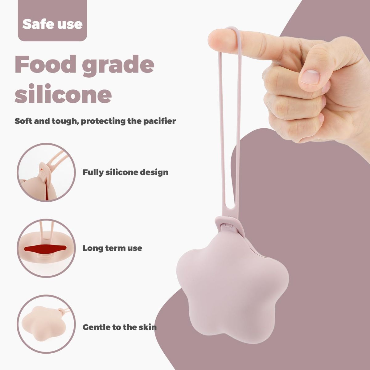 3Pcs Pacifier Holder Case, Safe and Soft Material Pacifier Pouch, Food Grade Silicone Pacifier Case, Star Shape, Protective Pacifier Storage Case for Diaper Bag Stroller - Purple-Beige-Pink - Size 95mm