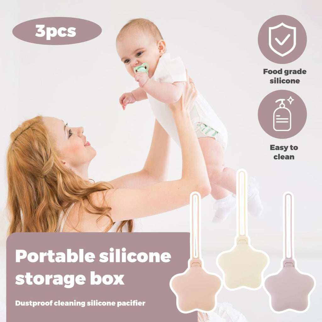 3Pcs Pacifier Holder Case, Safe and Soft Material Pacifier Pouch, Food Grade Silicone Pacifier Case, Star Shape, Protective Pacifier Storage Case for Diaper Bag Stroller - Purple-Beige-Pink - Size 95mm