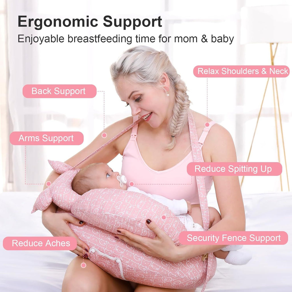 Multipurpose Nursing Pillow with Adjustable Waist Strap & Removable Cover for Feeding, Tummy Time & Nap Support (White)