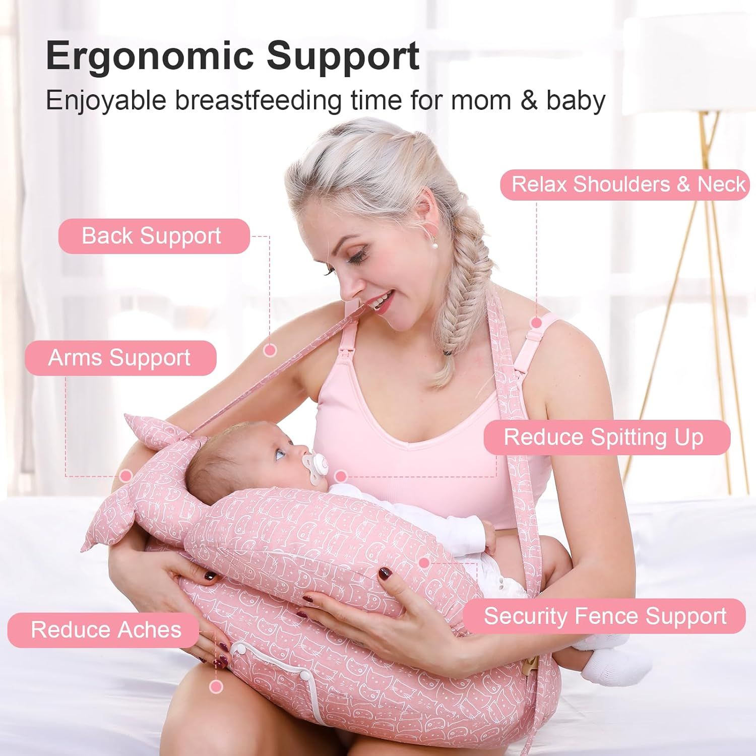 Multipurpose Nursing Pillow with Adjustable Waist Strap & Removable Cover for Feeding, Tummy Time & Nap Support (White)
