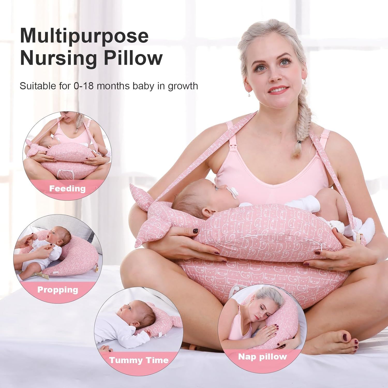 Multipurpose Nursing Pillow with Adjustable Waist Strap & Removable Cover for Feeding, Tummy Time & Nap Support (Pink)
