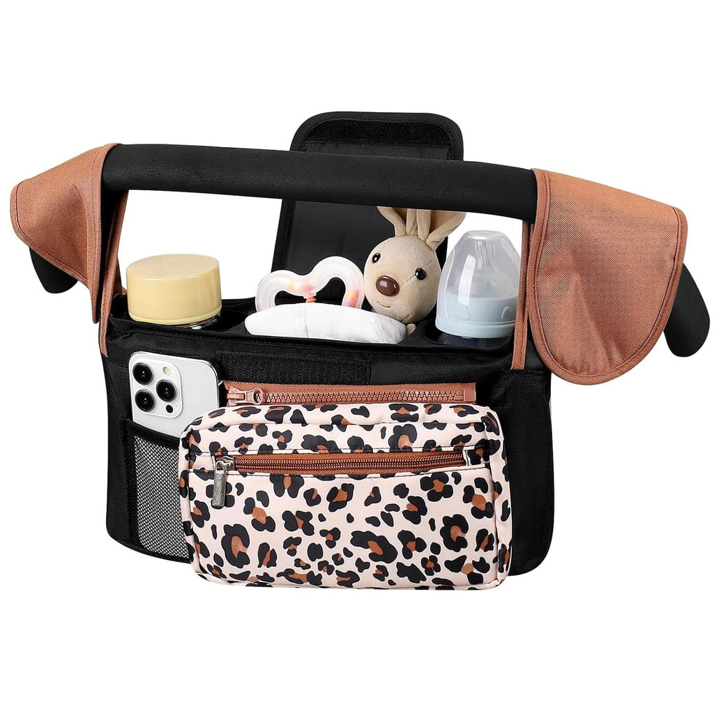 Universal Stroller Organizer with Insulated Cup Holders, Detachable Wristlet & Adjustable Shoulder Strap for Diapers, Bottles & Essentials (Leopard print)