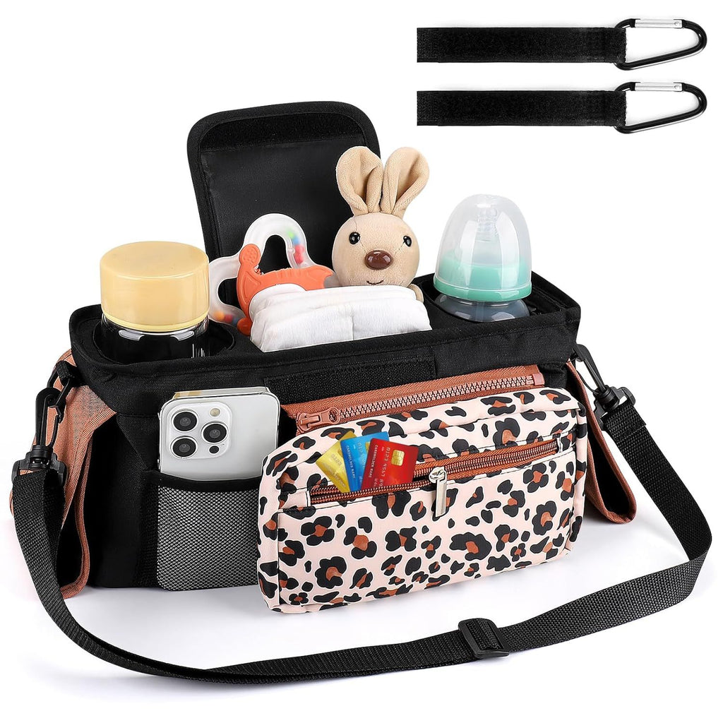 Universal Stroller Organizer with Insulated Cup Holders, Detachable Wristlet & Adjustable Shoulder Strap for Diapers, Bottles & Essentials (Leopard print)