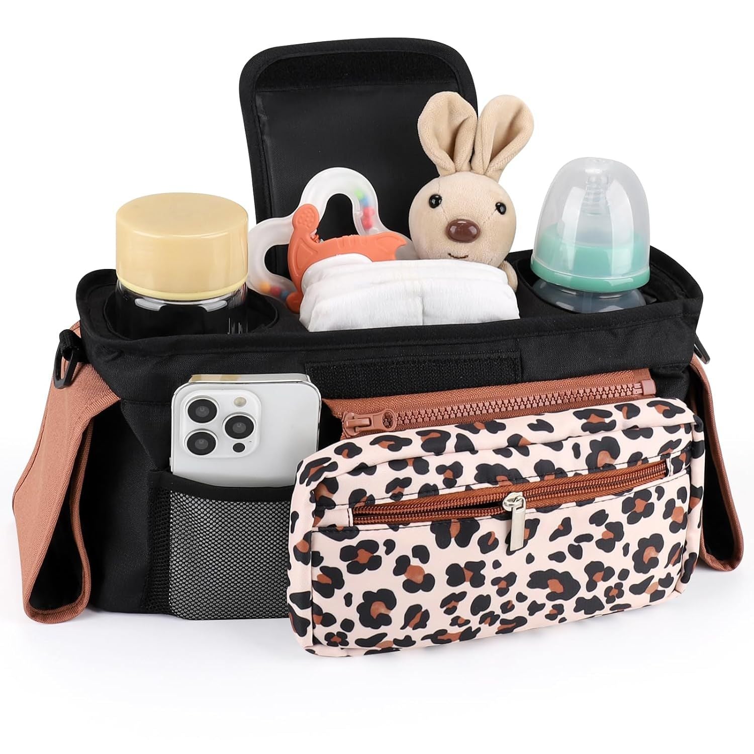 Universal Stroller Organizer with Insulated Cup Holders, Detachable Wristlet & Adjustable Shoulder Strap for Diapers, Bottles & Essentials (Leopard print)