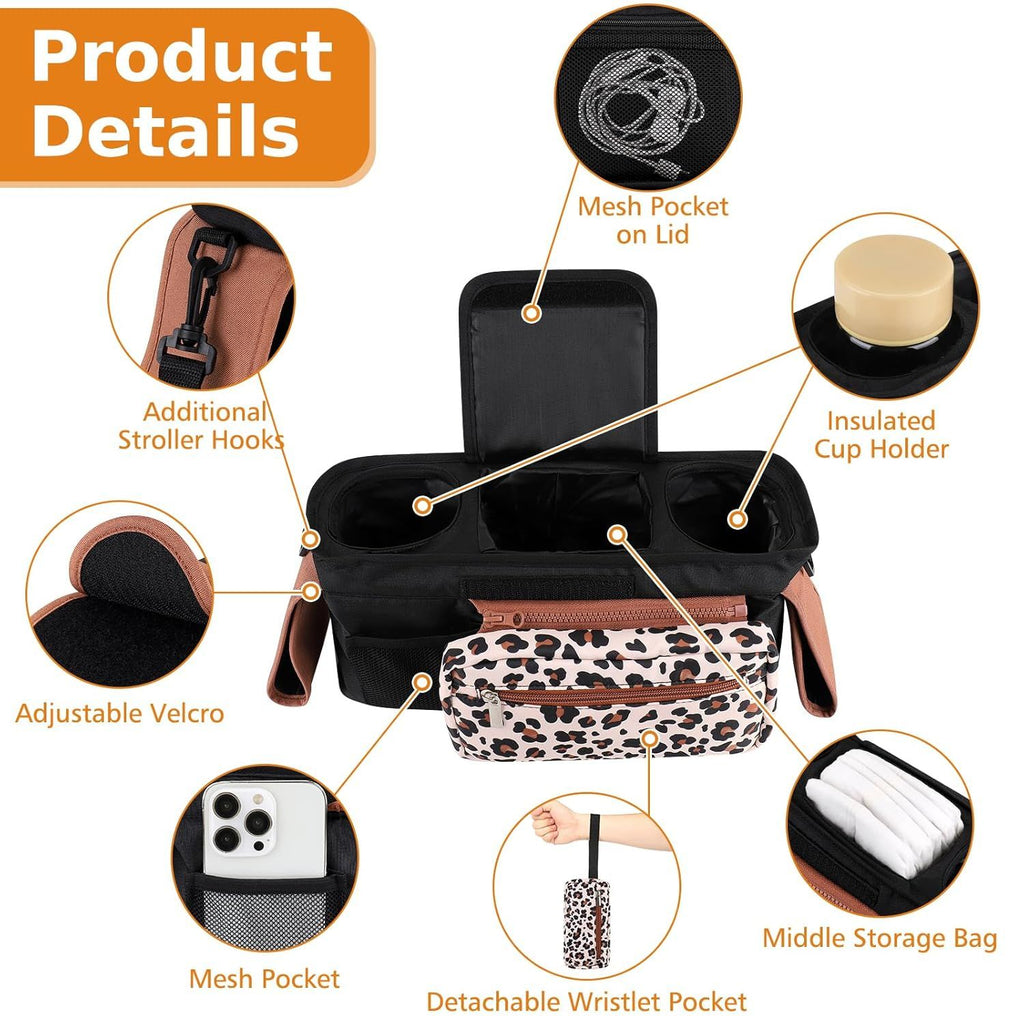 Universal Stroller Organizer with Insulated Cup Holders, Detachable Wristlet & Adjustable Shoulder Strap for Diapers, Bottles & Essentials (Leopard print)