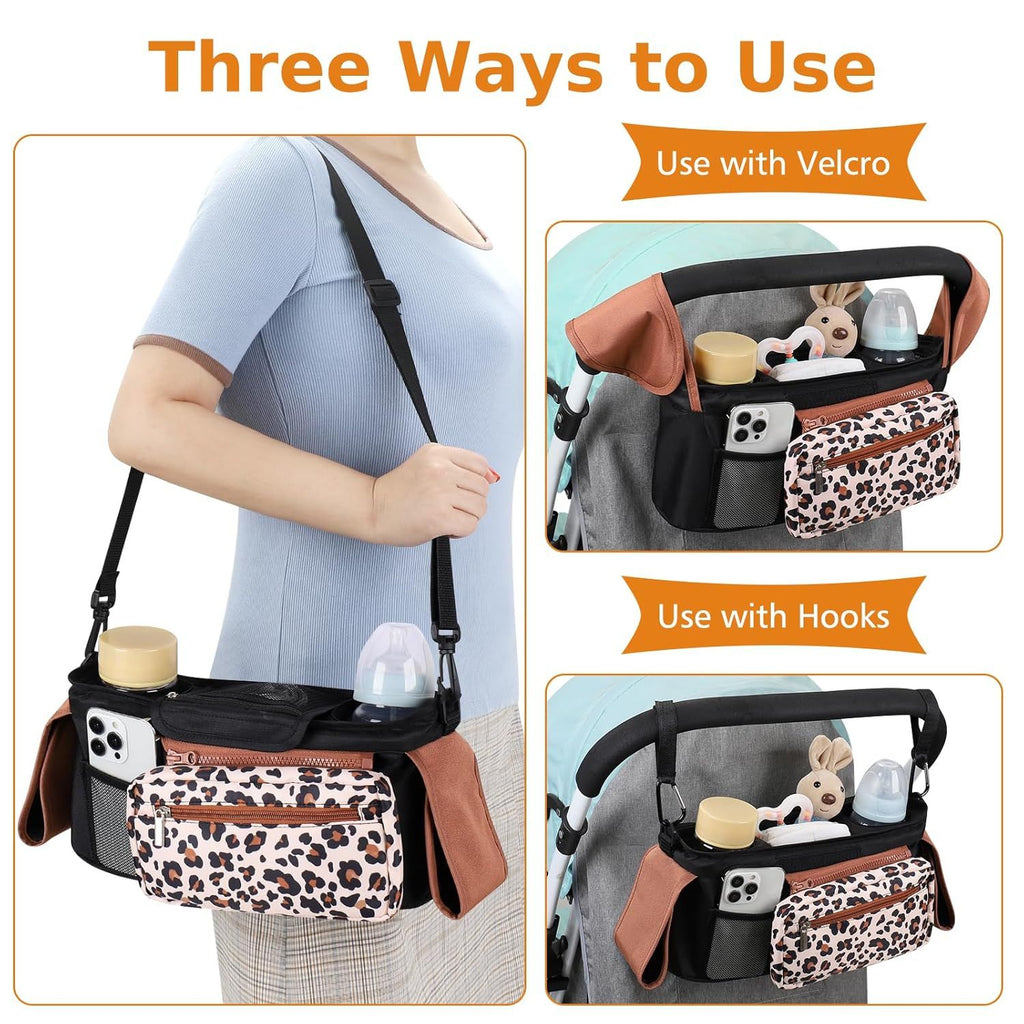 Universal Stroller Organizer with Insulated Cup Holders, Detachable Wristlet & Adjustable Shoulder Strap for Diapers, Bottles & Essentials (Leopard print)