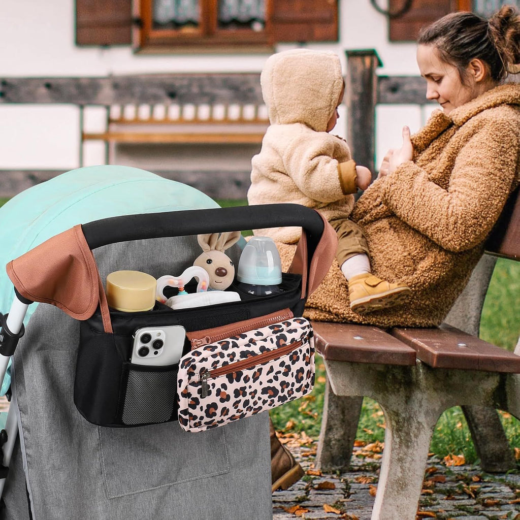 Universal Stroller Organizer with Insulated Cup Holders, Detachable Wristlet & Adjustable Shoulder Strap for Diapers, Bottles & Essentials (Leopard print)