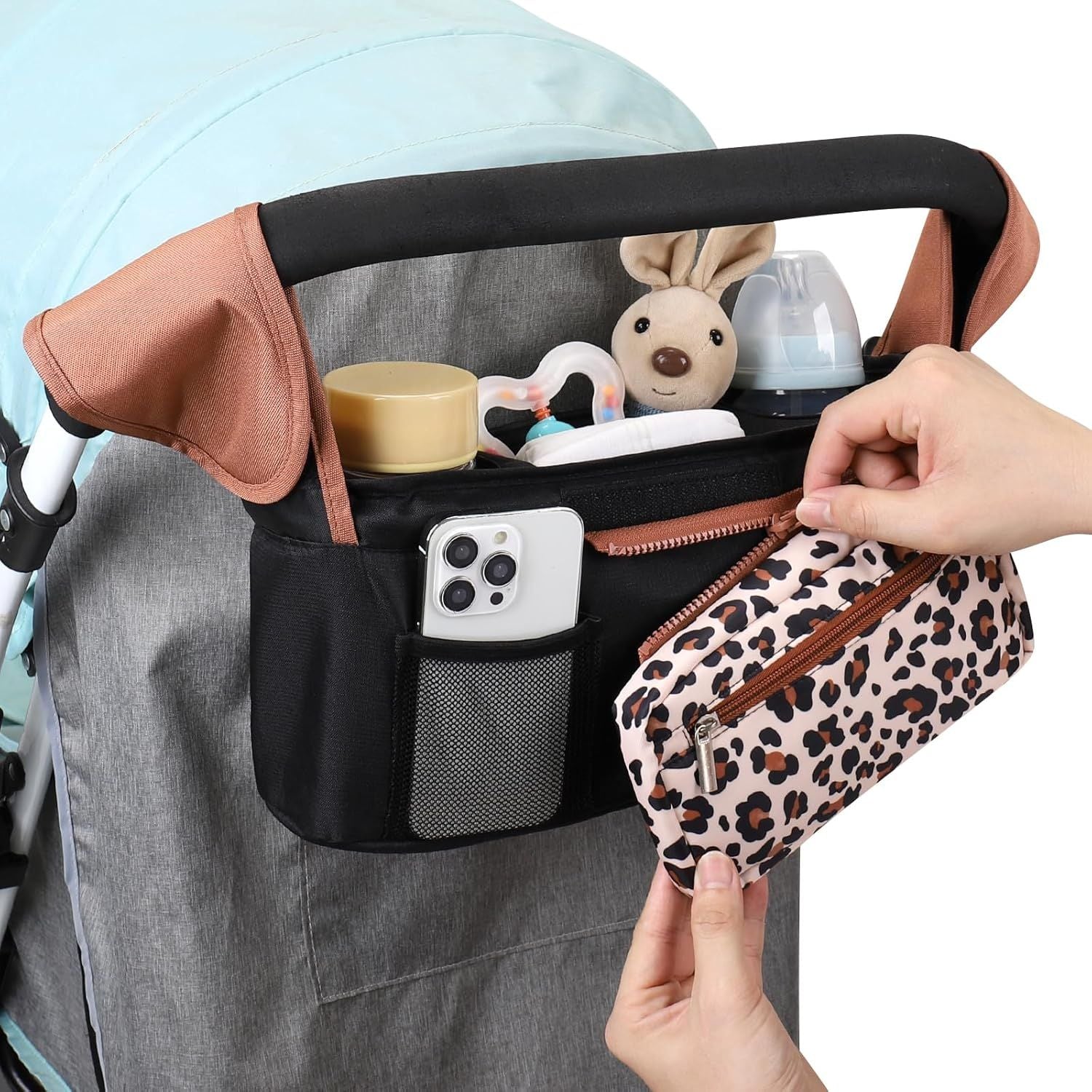 Universal Stroller Organizer with Insulated Cup Holders, Detachable Wristlet & Adjustable Shoulder Strap for Diapers, Bottles & Essentials (Leopard print)
