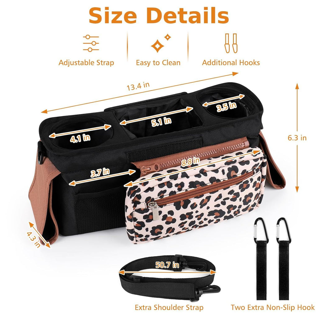 Universal Stroller Organizer with Insulated Cup Holders, Detachable Wristlet & Adjustable Shoulder Strap for Diapers, Bottles & Essentials (Leopard print)