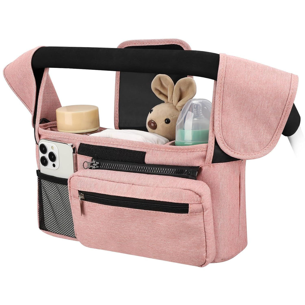 Universal Stroller Organizer with Insulated Cup Holders, Detachable Wristlet & Adjustable Shoulder Strap for Diapers, Bottles & Essentials (Pink)