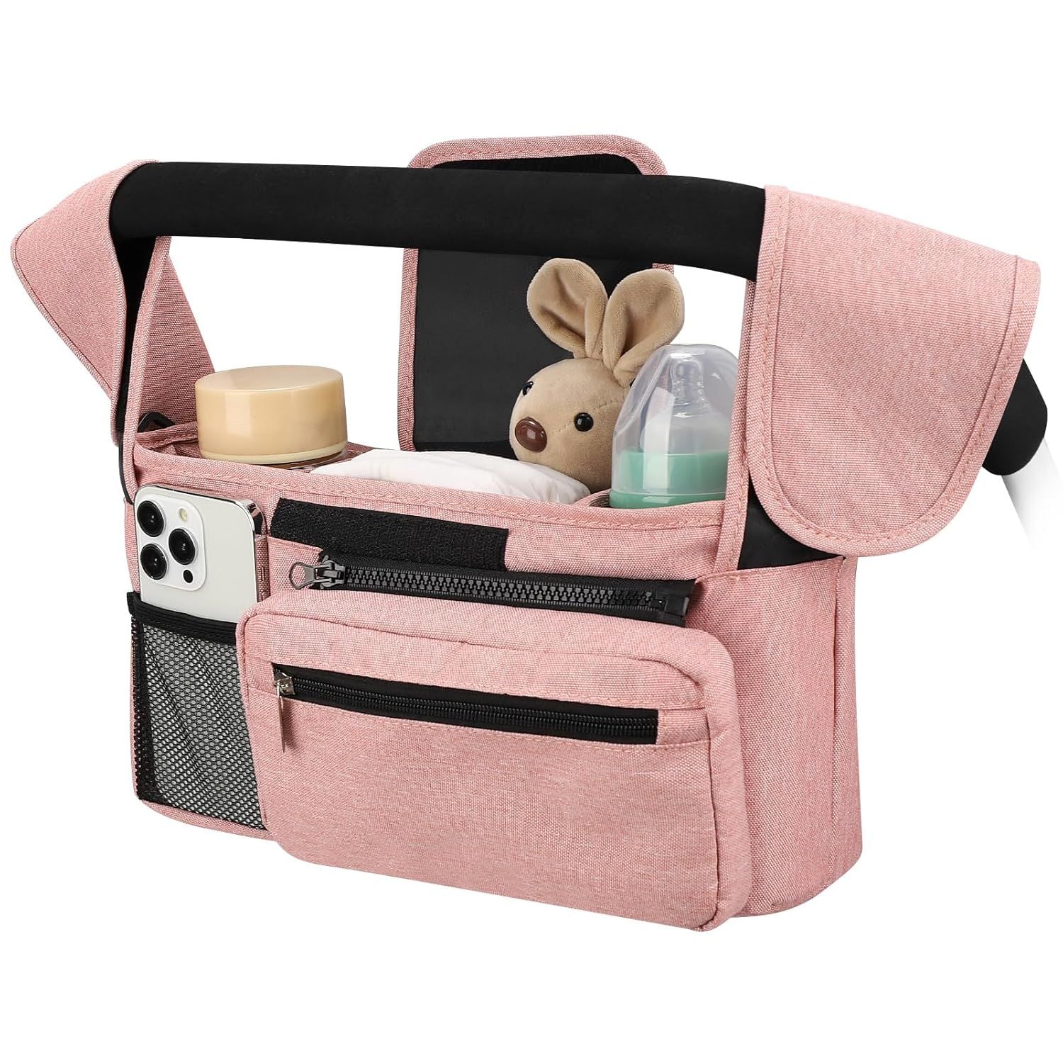 Universal Stroller Organizer with Insulated Cup Holders, Detachable Wristlet & Adjustable Shoulder Strap for Diapers, Bottles & Essentials (Pink)