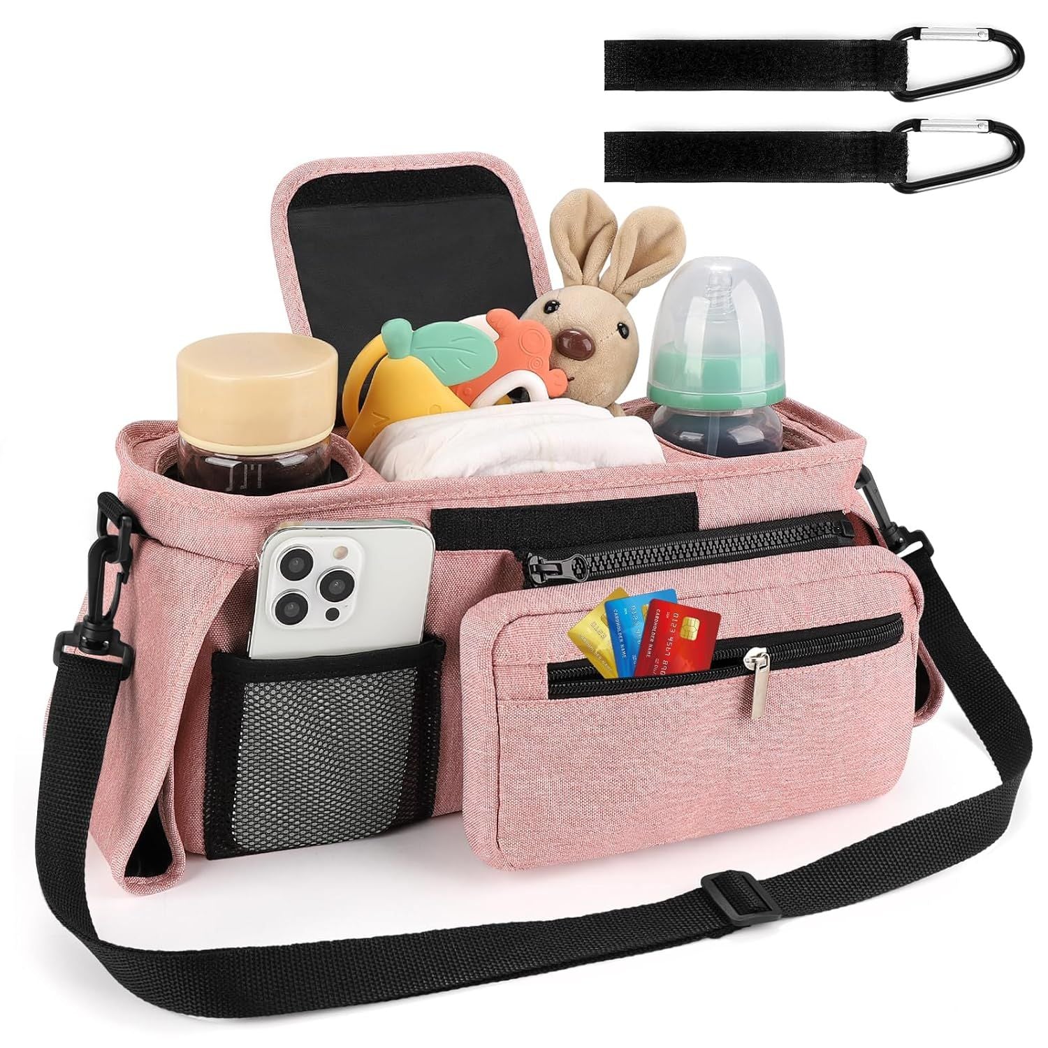 Universal Stroller Organizer with Insulated Cup Holders, Detachable Wristlet & Adjustable Shoulder Strap for Diapers, Bottles & Essentials (Pink)